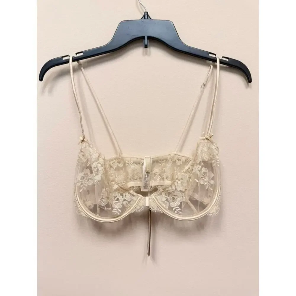 SKIMS Embroidered Lingerie Front Close Unlined Demi Bra -Champagne 32D NWT #1834